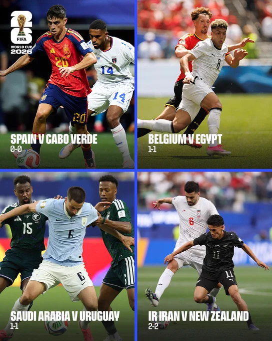 A graphic with photos from today’s FIFA World Cup 2026 fixtures:

Spain v Cabo Verde (0-0)
Belgium v Egypt (1-1)
Saudi Arabia v Uruguay (1-1)
IR Iran v New Zealand (2-2)