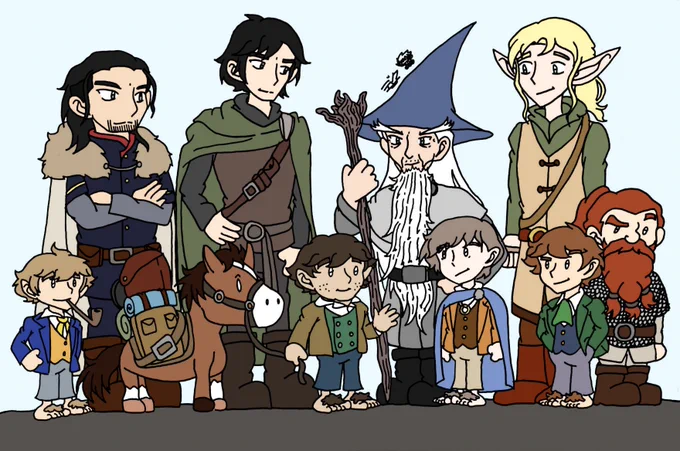 A colored illustration of the Fellowship of the Ring. From left to right, up to down, are: Boromir, Aragorn, Gandalf the Grey, Legolas, Pippin Took, Bill the Pony, Samwise Gamgee, Frodo Baggins, Merry Brandybuck, and Gimli.