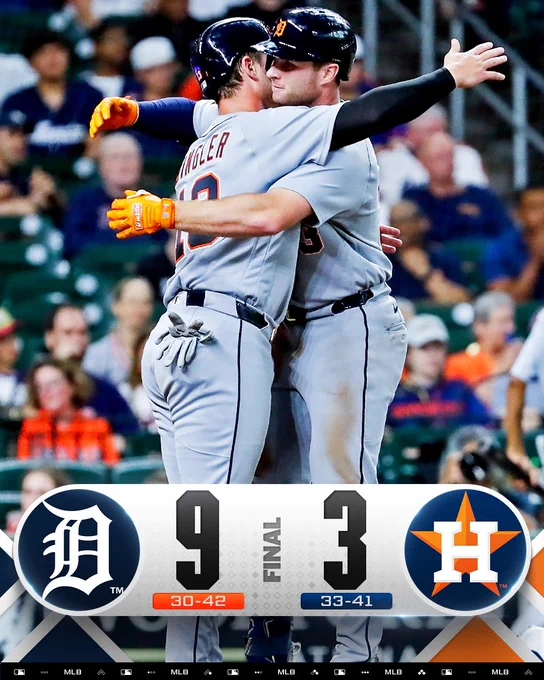 Final Score Graphic 6/15/26
Detroit Tigers 9 (30-42), Houston Astros 3 (33-41)

Pictured: Dillon Dingler (L) and Colt Keith (R) hug around home plate after Keith's first homer in Monday's game. They are both wearing road gray Tigers uniforms and dark blue batting helmets.