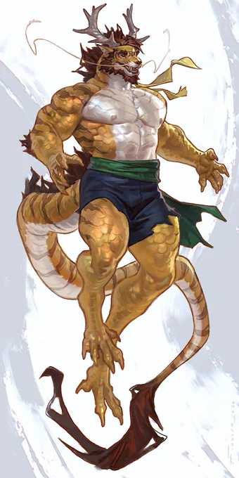 A floating, gold-scaled eastern dragon with antlers and rusty, tiger-like stripes. He has red-brown hair, beard, and hair down his spine and tail. He wears a golden headband, torn blue pants, and a green waist sash.