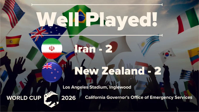 The graphic shows the scoreboard view of the 2026 FIFA Match between Iran and New Zealand. The graphic contains text that reads “Well Played” and the location, which was “Los Angeles Stadium, Inglewood”.