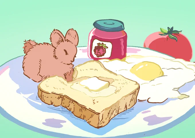 A small bunny sits on a large white plate, part way through eating a thick slab of toast with butter. There is also a sunny side up egg on the plate, as well as a jar of jam and a tomato on the side 