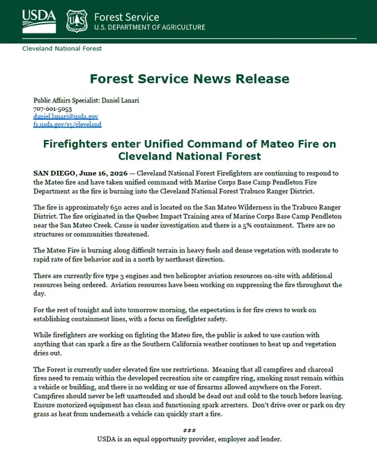 A screen grab of the press release on the Mateo Fire on the Cleveland National Forest.