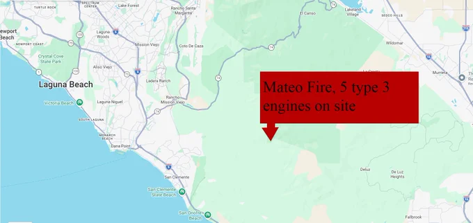 a google map screen grab and a red arrow indicating where the Mateo Fire is located. A text box with the words "Mateo Fire, 5 type 3 engines on site."