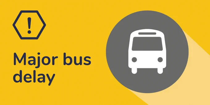 A yellow background with 'Major bus delay' in navy text, with a white bus icon on a grey circle and a navy exclamation mark inside the outline of a navy hexagon.