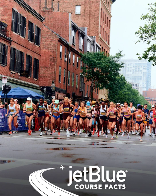 Swipe of three (3) images featuring participants on the course of the 2025 Boston 10K