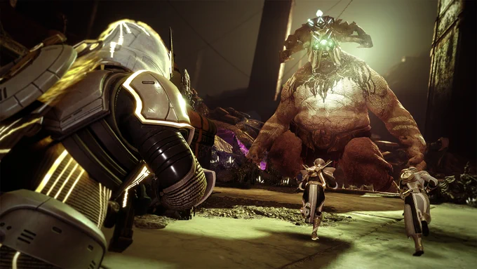 Three guardians sprint towards a Towering Emperor Calus in the Pantheon activity.