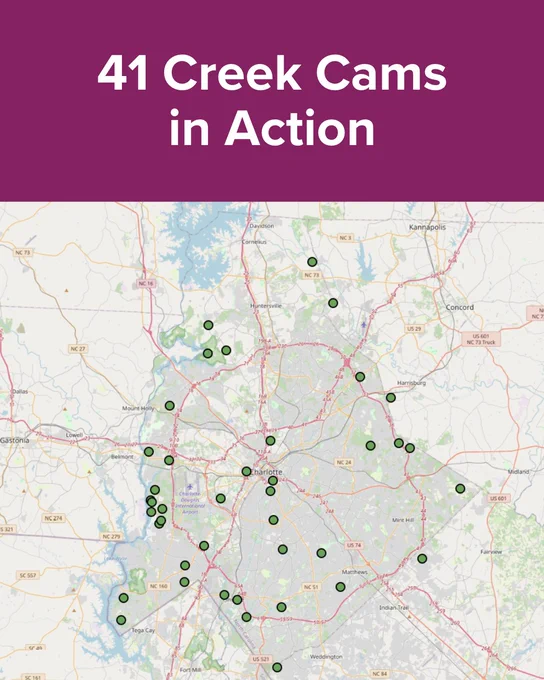 Map displaying the locations of "41 Creek Cams in Action" within an outlined area, marked with green dots, showing roads and bodies of water.