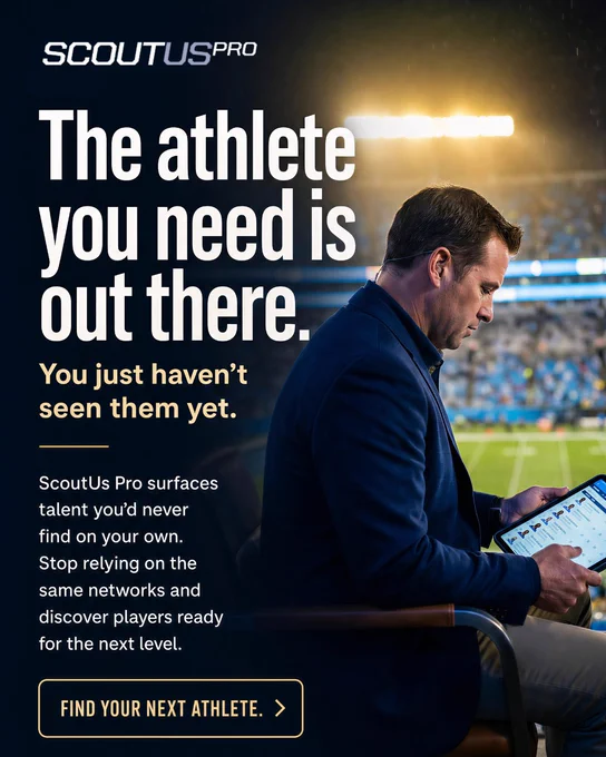 A promotional image for ScoutUs Pro, showcasing its capability to discover hidden athletic talents. The scene features a professional setting with a man using a tablet in a sports stadium.