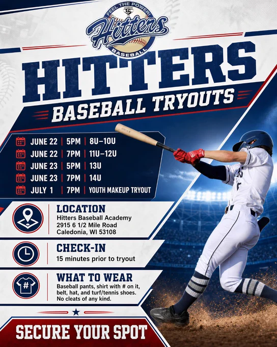 A vibrant flyer for Hitters Baseball Academy tryouts with dates, times, and location details. The design features a baseball player and dynamic blue and red graphics.