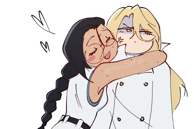 ( taking the offer with little to no hesitation , the smug human brings herself closer — warm body pressed against him , arms wrapping around him .
due to the height difference , she had to stand on her toes to reach his cheek — in which she pressed her own cheek against his like a clingy , smug cat would . )