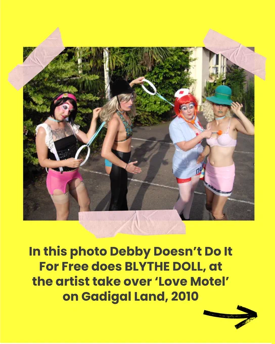 In this photo Debby Doesn’t Do It For Free does BLYTHE DOLL, at the artist take over ‘Love Motel’ on Gadigal Land, 2010