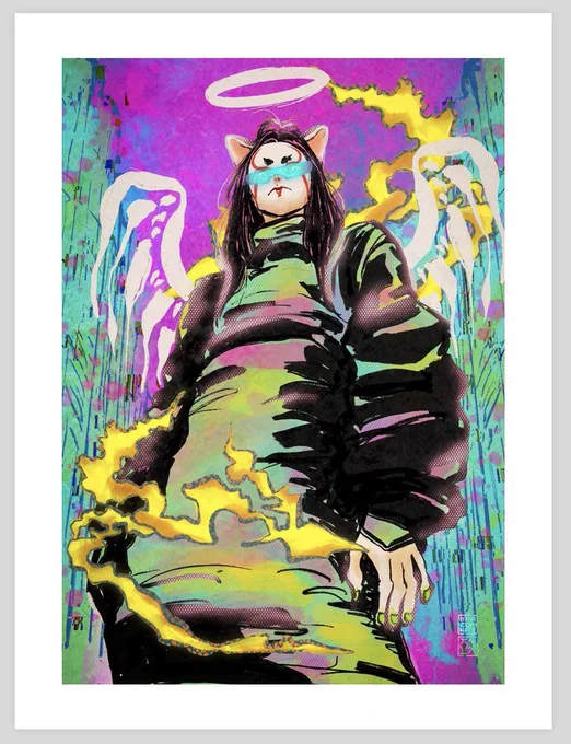 A digital NFT art called Cyber Angel, vibrant neo traditional Japanese art style mix of old and new with bold colors and brush strokes listed on solana chain platform by Miacomart.