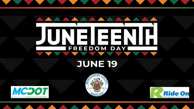 Juneteenth Freedom Day celebration graphic with colorful triangles and Montgomery County, Maryland logos on black background.