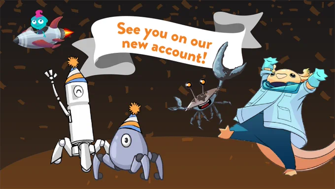 ExploreLearning characters. A banner reads, "See you on our new account!" Confetti is scattered in the background.