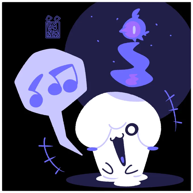 A drawing of a litwick, the candle pokemon, singing very loudly and happily, a small bird made of flame sits on his fire similar to Skelidirge's one.