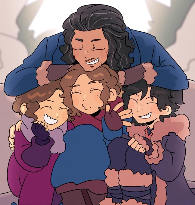 The Hobbit fanart featuring Bard and his children Tilda, Sigrid and Bain. The three siblings are huddled together and grinning cheekily as their father leans over them with his chin on Sigrid's head, also with a content grin on his face.  