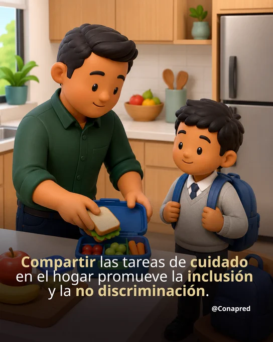 Imagen con el texto: Compartir las tareas de cuidado en el hogar promueve la inclusión y la no discriminación. 