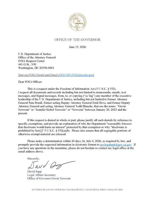 Governor Gavin Newsom today announced his office filed a Freedom of Information Act (FOIA) request seeking records from the U.S. Department of Justice (DOJ) related to President Donald Trump's politically motivated investigation into the Governor and First Partner Jennifer Siebel Newsom.

The investigation, which Governor Newsom announced earlier today, was ordered by President Trump after publicly calling for Newsom's arrest. 
