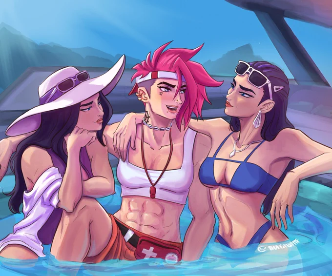 Digital fanart illustration of a custom 2XKO lifeguard Vi relaxing between two Pool Party Caitlyns on a sunny day. They are smiling and sitting together in a small pool on a yacht with a distant island in the background.