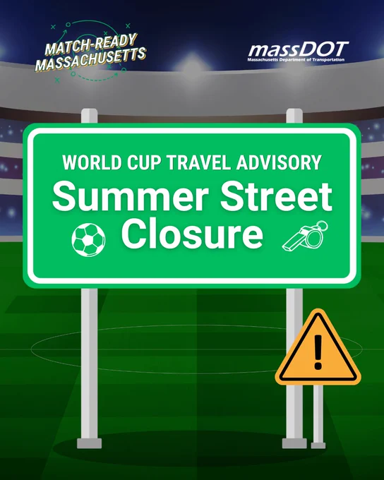 Green highway sign announcing Summer Street closure for World Cup travel advisory with soccer and whistle icons.