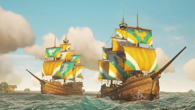 Two Galleons sail side-by-side, both flying very similar sails of gold, blue and white. The main difference is that the Phoenix symbol present on both is gold on one set of sails (known as the Ascendant Gilded Phoenix Sails) and white on the other (the Glorious Gilded Phoenix Sails).