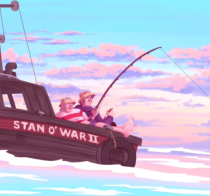 A color illustration of Stan and Ford Pines on the Stan o' War II, under a colorful dawn sky. Stan is fishing, and Ford is taking notes.  Both are wearing fishing hats with their names on them, made by Stan.