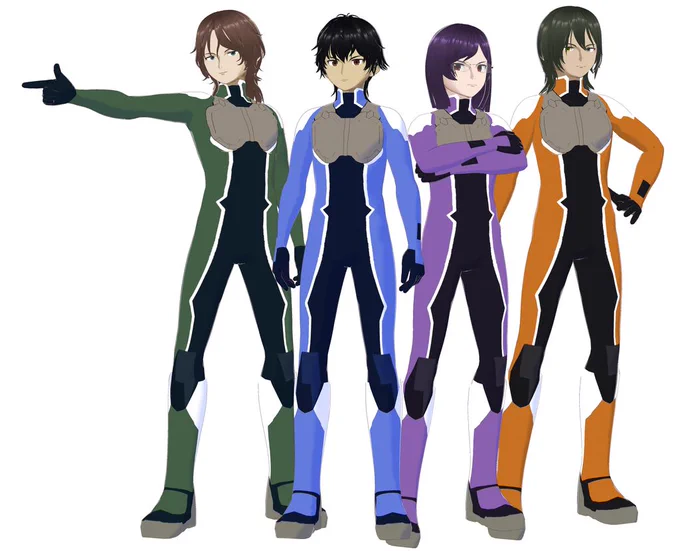 Left to Right: Lockon Stratos (Lyle Dylandy), Setsuna F. Seiei, Tieria Erde, Allelujah Haptism.

These pilot suits had a more sleeker design compared to their S1 suits and were worn in both Season 2 and the movie "A Wakening of the Trailblazer."