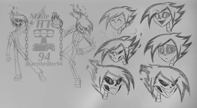 Expression sheet of Aiden Justice/Ghost Rider on sketch paper.