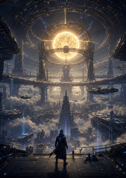 A lone cybernetic explorer with a vivid blue mohawk and a long, black, illuminated coat stands on the edge of a vast observation platform, facing an immense science-fiction city suspended above and within layers of clouds. Countless towers, bridges, platforms, energy streams, and enormous spacecraft extend across the atmosphere. High above, a brilliant golden star is contained inside colossal concentric mechanical rings and towering support structures that continue beyond the frame. Tiny technicians, vehicles, ships, and distant districts provide dramatic scale. The gold-white star contrasts with deep blue shadows, creating a mysterious and overwhelming sense of discovery.