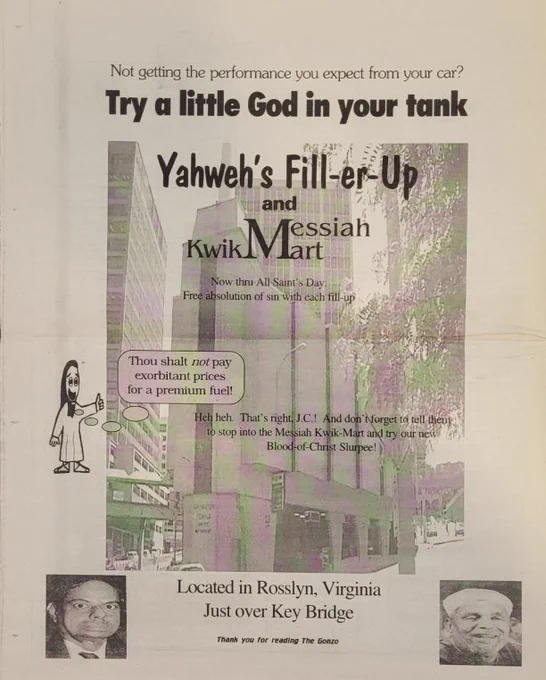 Satirical advertisement for “Yahweh’s Fill-er-up and Messiah Kwik Mart”