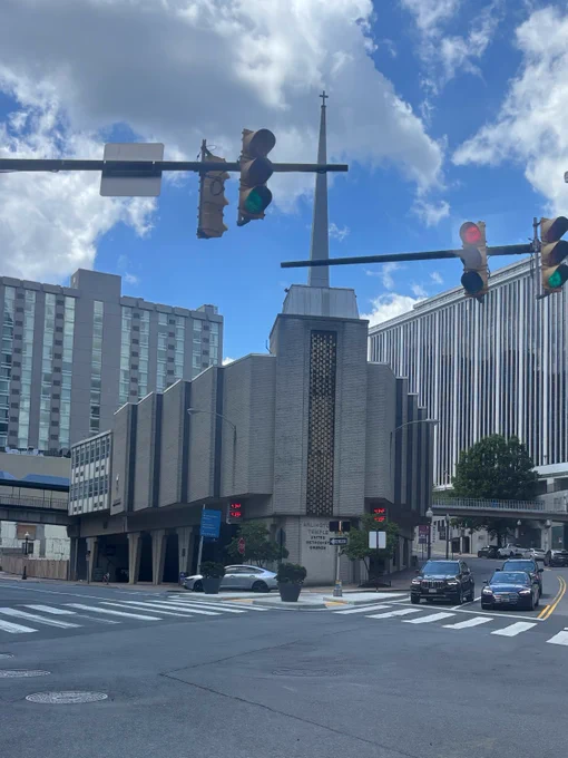 Concrete church and gas station combo in Arlington, Virginia
