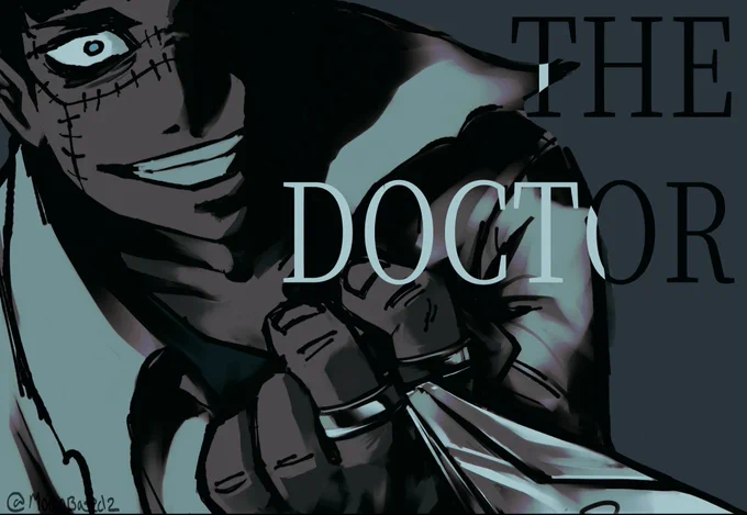 Features Dr. Hairen from the manhwa series Fog Land. He is wearing green scrubs under a torn doctors coat, and points surgucal scissors at the viewer with a wide smile on his face. Text in the top right corner reads, "THE DOCTOR", in a serif font.