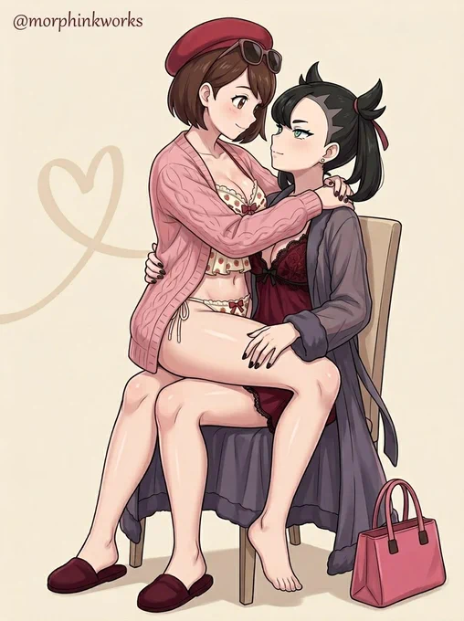 Anime art of Gloria in a pink cardigan and strawberry lingerie, sitting on Marnie's lap, who wears a dark robe. They gaze lovingly at each other on a chair. Heart outline and '@morphinkworks' text on a soft cream background. Cozy, romantic vibe.
