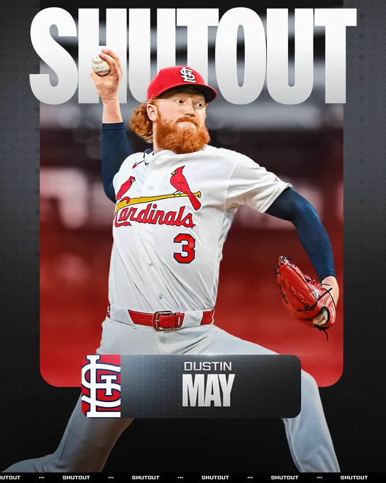 Shutout
Dustin May, St. Louis Cardinals
Dustin May throws a pitch wearing a white Cardinals uniform with blue arm sleeves and a red St. Louis cap.