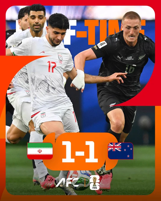 An intense soccer match between Iran and New Zealand at halftime with a score of 1-1. Players in action convey dynamic and competitive energy.