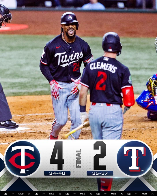 Final Score Graphic: 6/15/26
Twins 4 (34-40), Rangers 2 (35-37)
Pictured: Byron Buxton smiles as he approaches Kody Clemens after crossing home. They wear navy blue Twins jerseys with red and white lettering and navy batting helmets.