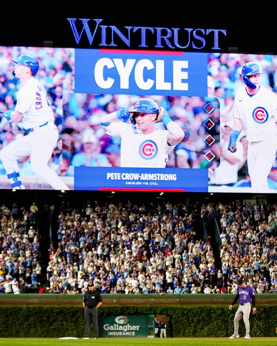 A photo of the scoreboard at Wrigley Field that says “Cycle, Pete Crow-Armstrong, 06.15.26 vs. Colorado.