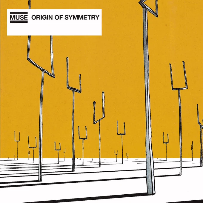 Album Art of Muse's Origin Of Symmetry album - On a golden yellow background with a white bottom fifth, drawn are grey poles stretching up into the sky that split near the top and point up further, kinda like a goal post in American football, maybe, only taller and narrower. They all cast a shadow pointing to the left and forward on the white ground, though the top isn't seen on the shadow. In the top left, above the image is a white box, and it has the band name in black print with thick black lines above and below, and to the right of that the album name with no lines above or below.