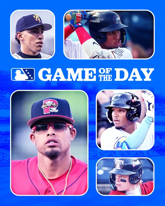 Five images of top prospects in front of a blue background with the MiLB Game of the Day logo. 
George Lombard Jr., Eduardo Quintero, Franklin Arias, Angel Genao, Max Clark