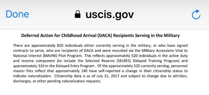 Screenshot of USCIS one-pager on “Deferred Action for Childhood Arrival (DACA) Recipients Serving in the Military”.