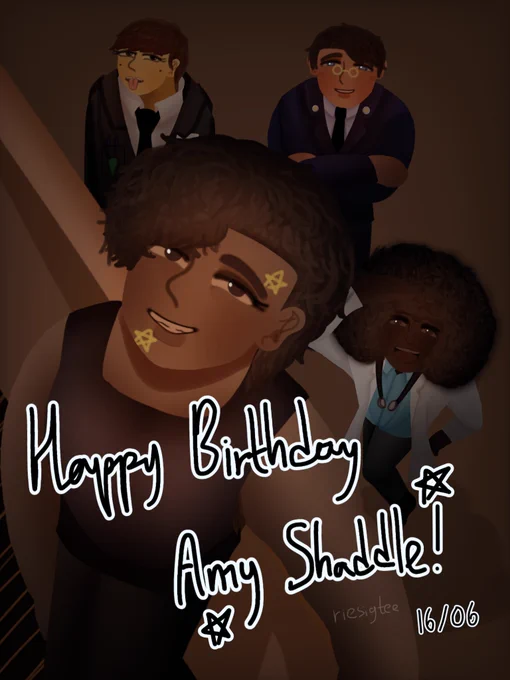 (OC) Amy Shaddle (the star marked woman) and their homies. There's Ryk Wang (the "sticking his tongue out" guy), Birch Morgan (the glasses guy), and Gaudium Volger (the afro hair guy). The four of them looking up and poses differently. There's a text of "Happy Birthday Amy Shaddle! ⭐" and "16/06" on the art.

Note:
Go check the thread down below! There's a clearer version of the art and their brief introduction.