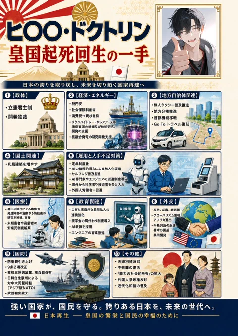 ヒ〇〇・ドクトリン
皇国起死回生の一手

政体 
・立憲君主制
・開発独裁
経済・エネルギー
・脱円安
・社会保険料削減
・消費税→現状維持
・メタンハイドレートやレアアース等海底資源の採掘及び技術研究、開発の支援
・核融合発電の研究開発支援
地方自治体関連 
・無人タクシー普及推進
・地方分権推進
・首都機能移転
・Go To トラベル復刻
国土関連 
・和風建築を増やす
雇用と人手不足対策 
・定年制廃止
・AIの積極的導入による無人化促進
・セルフレジ普及推進 
・AI専門家やエンジニアの派遣制度導入 
・海外から科学者や技術者を受け入れ 
・外国人労働者→促進
医療 
・遺伝子操作による難病や発達障害の治療や予防技術の研究を推進、支援 
・末期患者や高齢者の安楽死制度解禁
教育関連 
・こども家庭庁と民間法人の連携強化
・奨学金の肩代わり制度導入
・AI教師を採用
・エンジニアの育成推進
外交 
・反共、反露、親西側
 ・グローバリズム重視、アフリカ進出 ・千島列島の返還、樺太の日露共同開発
国防 
・防衛費引き上げ
・9条2項改正
・非核三原則放棄 、核兵器保有
・日韓台比豪州による対中大同盟締結(アジア版NATO) 
・武器輸出拡大
その他
・夫婦別姓反対
・不敬罪の復活
・"能力の社会的所有"の拡大
・外国人参政権反対
・近代化和装の普及