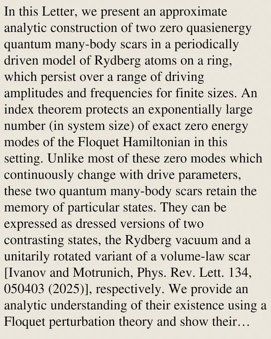 In this Letter, we present an approximate analytic construction of two zero quasienergy quantum many-body scars in a periodically driven model of Rydberg atoms on a ring, which persist over a range of driving amplitudes and frequencies for finite sizes. An index theorem protects an exponentially large number (in system size) of exact zero energy modes of the Floquet Hamiltonian in this setting. Unlike most of these zero modes which continuously change with drive parameters, these two quantum many-body scars retain the memory of particular states. They can be expressed as dressed versions of two contrasting states, the Rydberg vacuum and a unitarily rotated variant of a volume-law scar [Ivanov and Motrunich, Phys. Rev. Lett. 134, 050403 (2025)], respectively. We provide an analytic understanding of their existence using a Floquet perturbation theory and show their resilience beyond the perturbative regime using exact diagonalization in finite systems. Our study provides insight into the