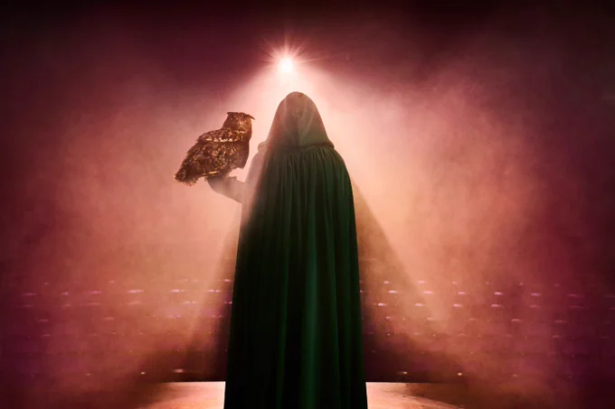 A photo showing a figure in a masked cloak, holding a bird