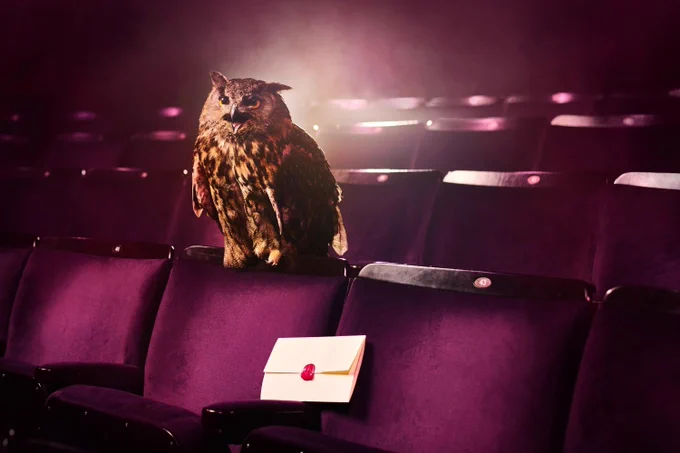 A photo showing an owl and a scroll on a theatre chair 