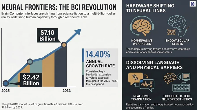 In 2025, Global Brain-Computer Interface market was valued US$2.42 billion and is expected to generate a revenue of US$7.10 billion by 2033, with an anticipated CAGR of 14.40% during the forecast period.

https://www.marketestimationanalysis.com/