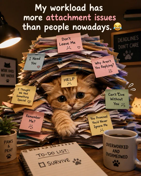 My workload is basically a clingy cat... always attached and judging me when I try to take a break. 🐾😂