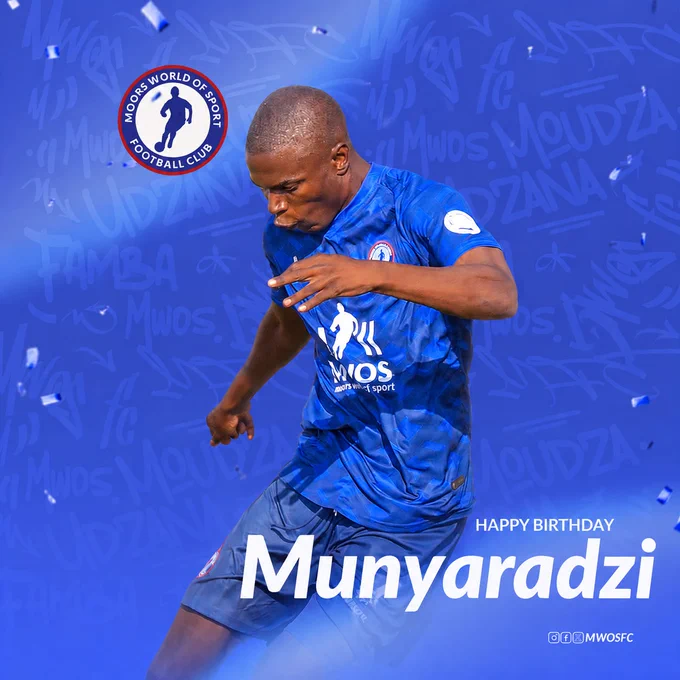 A vibrant birthday post featuring a football player from Moors World of Sport Football Club. The player is in action wearing the club's blue jersey with celebratory graphics in the background.