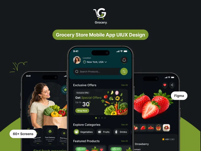 Grocery Store Mobile App UIUX Design | Dark Mode | Mobile App UIUX Design | Figma
